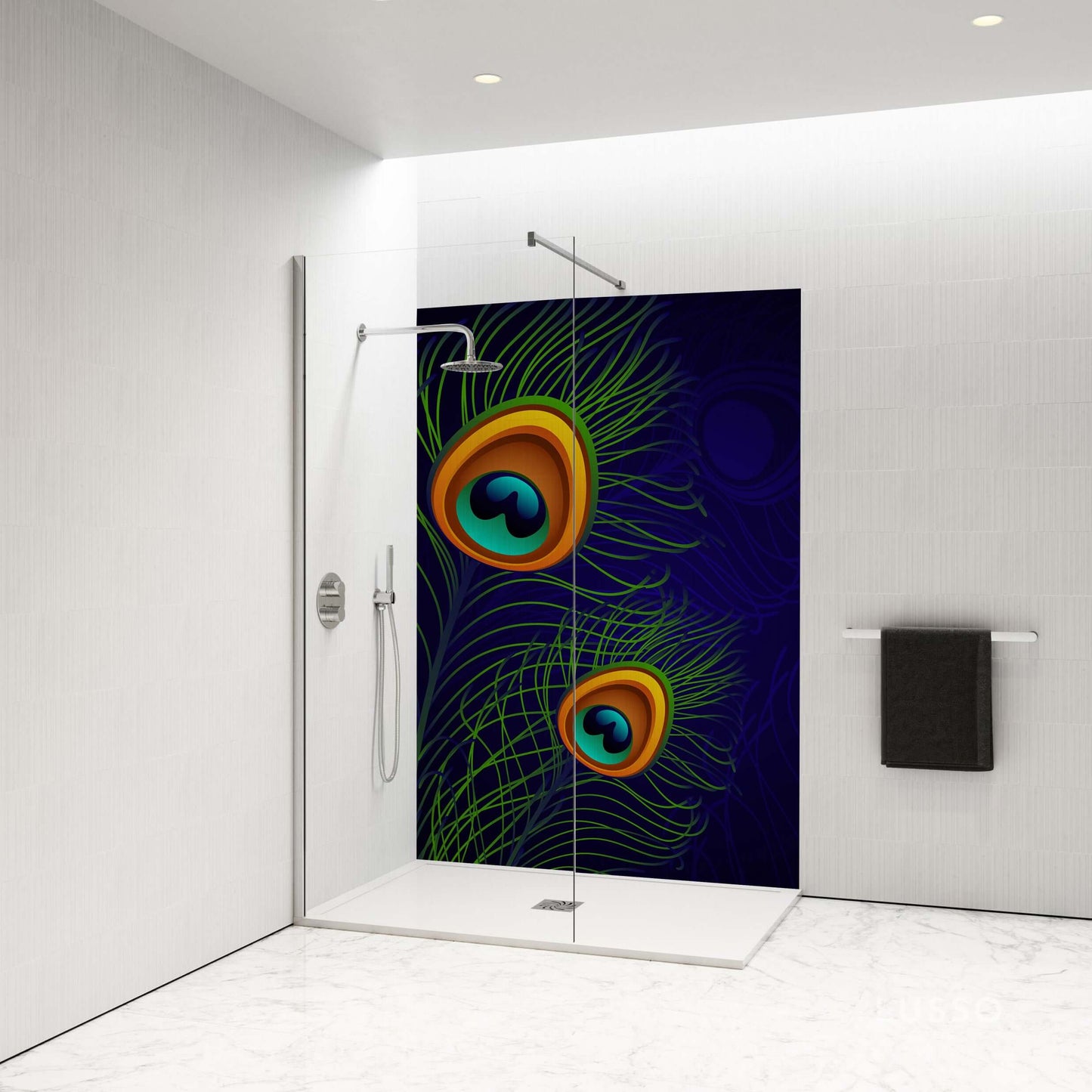 Handmade peacock feather shower panel in a modern bathroom, showcasing vivid colors against a dark blue background.