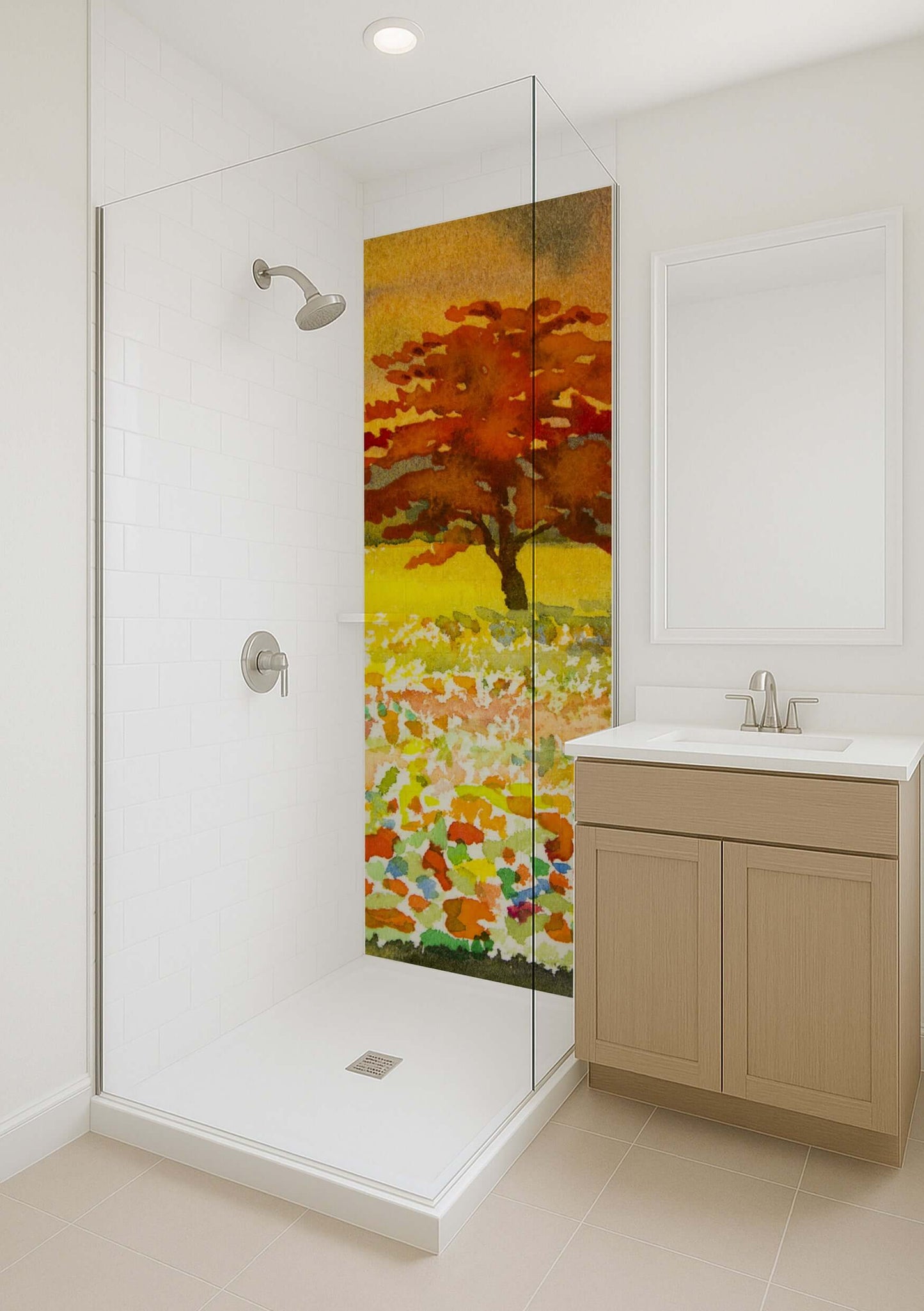 Vibrant watercolor shower panel featuring a red tree and golden field, adding elegance to a modern bathroom.