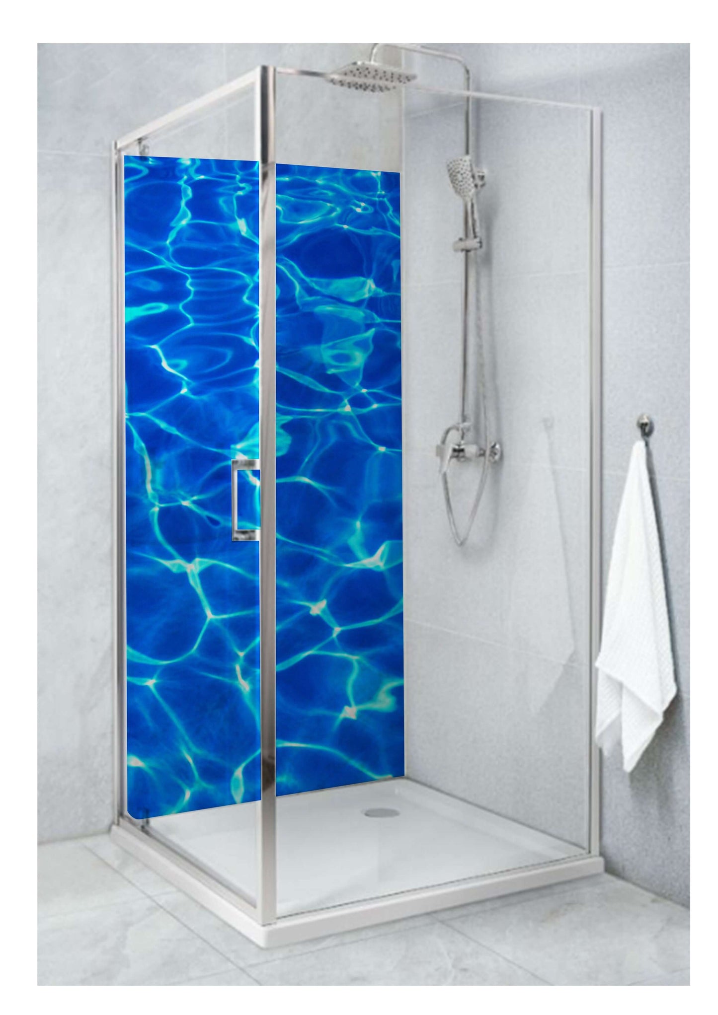 Shower stall featuring vivid blue panel design inspired by water reflections and ripples for a serene bathroom atmosphere.