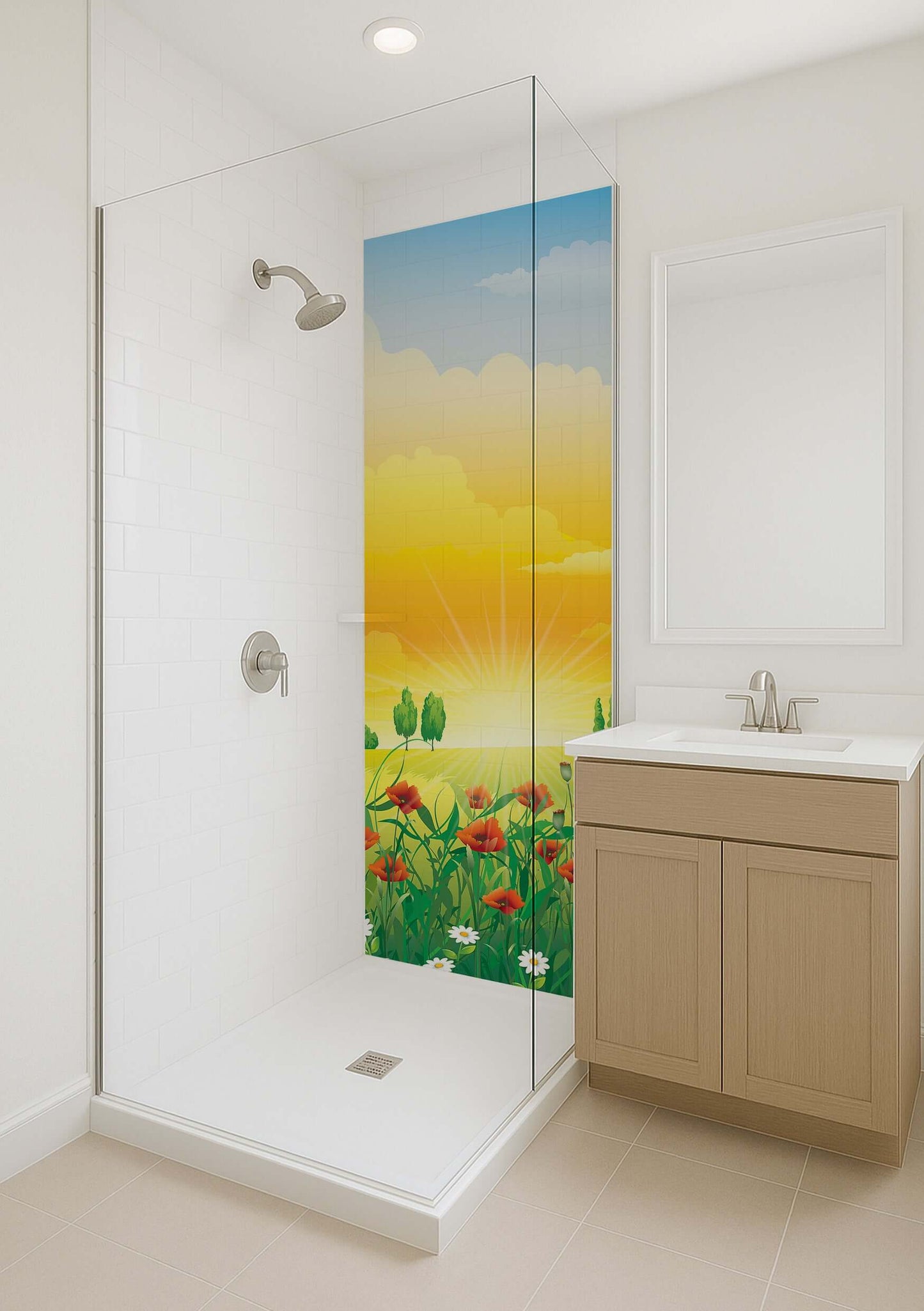 Vibrant watercolour poppies and sunrise in a modern bathroom shower panel design, enhancing serene ambiance.