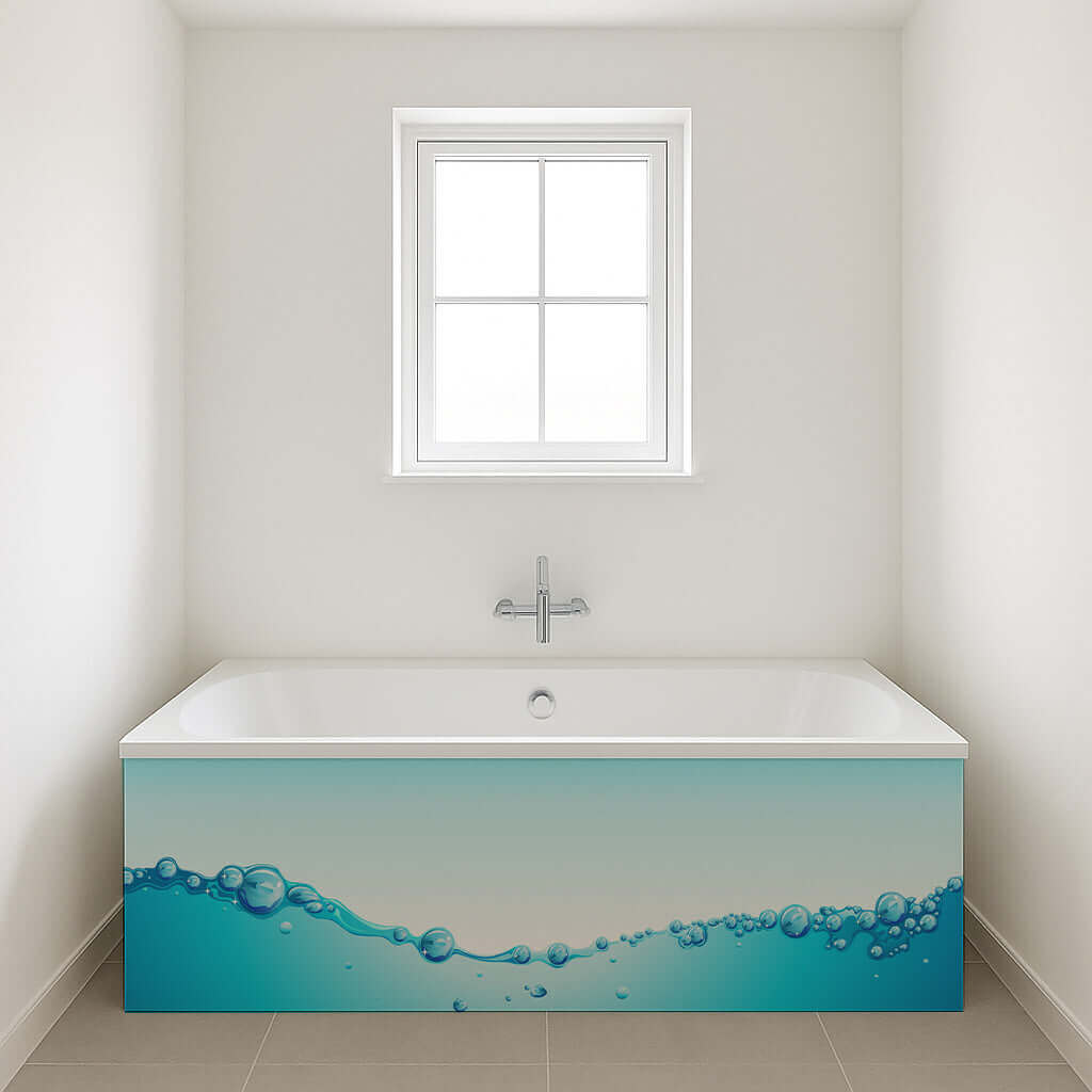Bathroom panel with wave and bubbles design in blue, enhancing a modern and refreshing atmosphere.