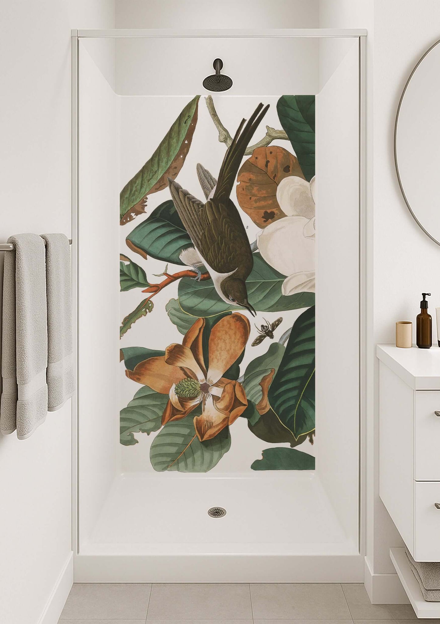 Audubon Warbler Shower Panel showcasing intricate birds, bees, and magnolia blossoms in serene colors.