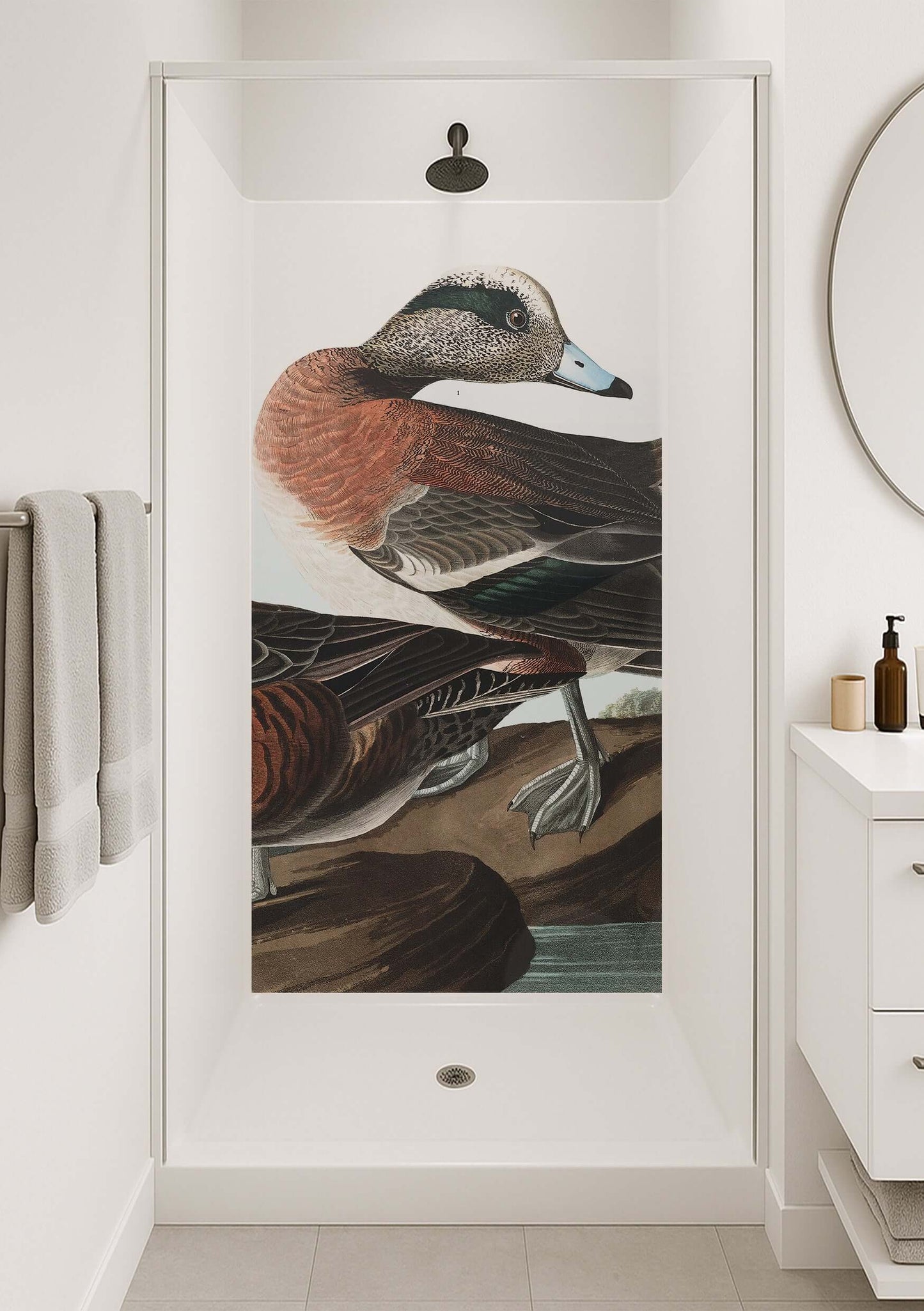 Audubon Widgeon Shower Panel featuring a detailed duck mural on aluminium for stylish bathroom decor.