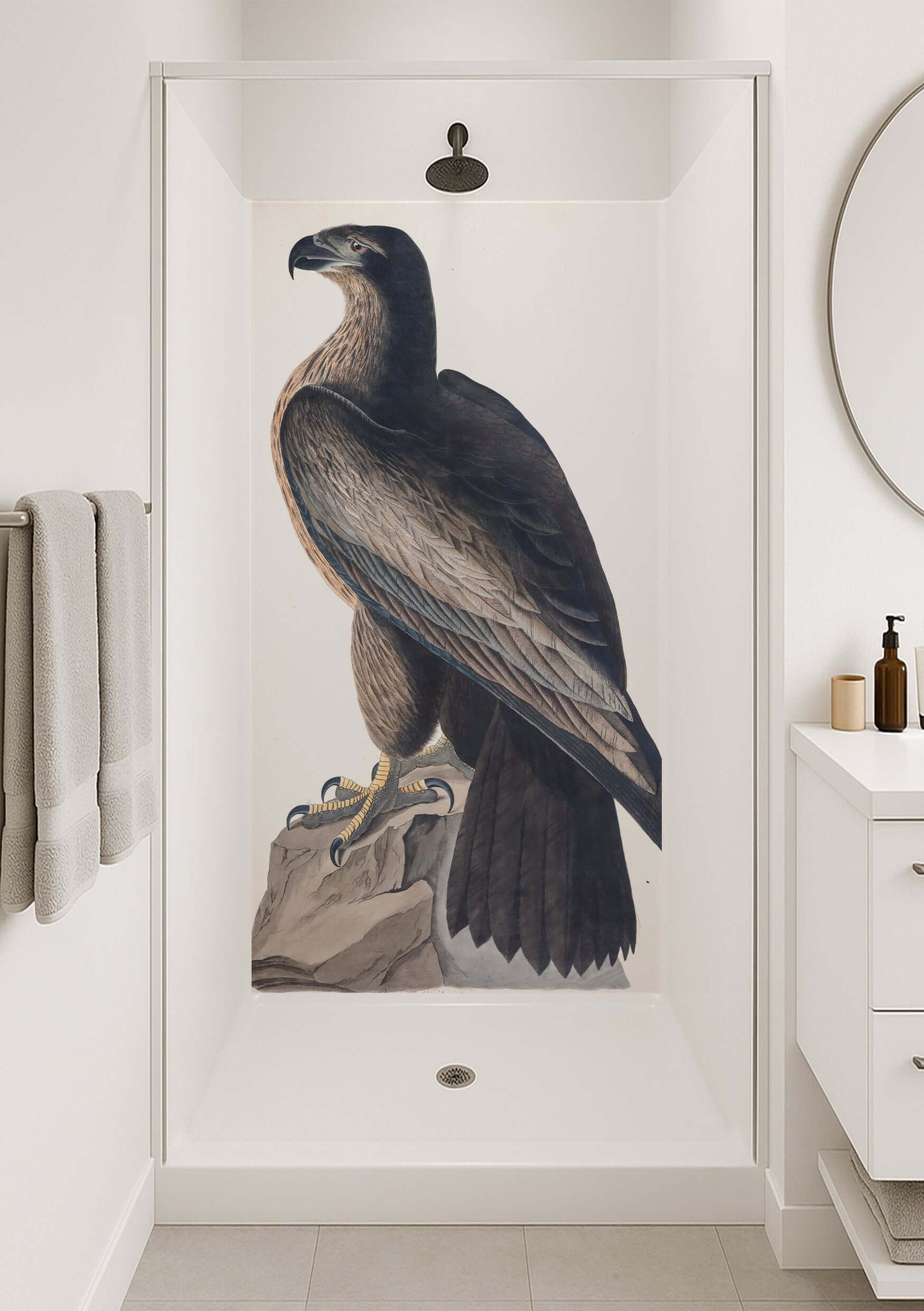 Audubon Hawk Shower Panel featuring a majestic raptor mural in a modern shower setting.