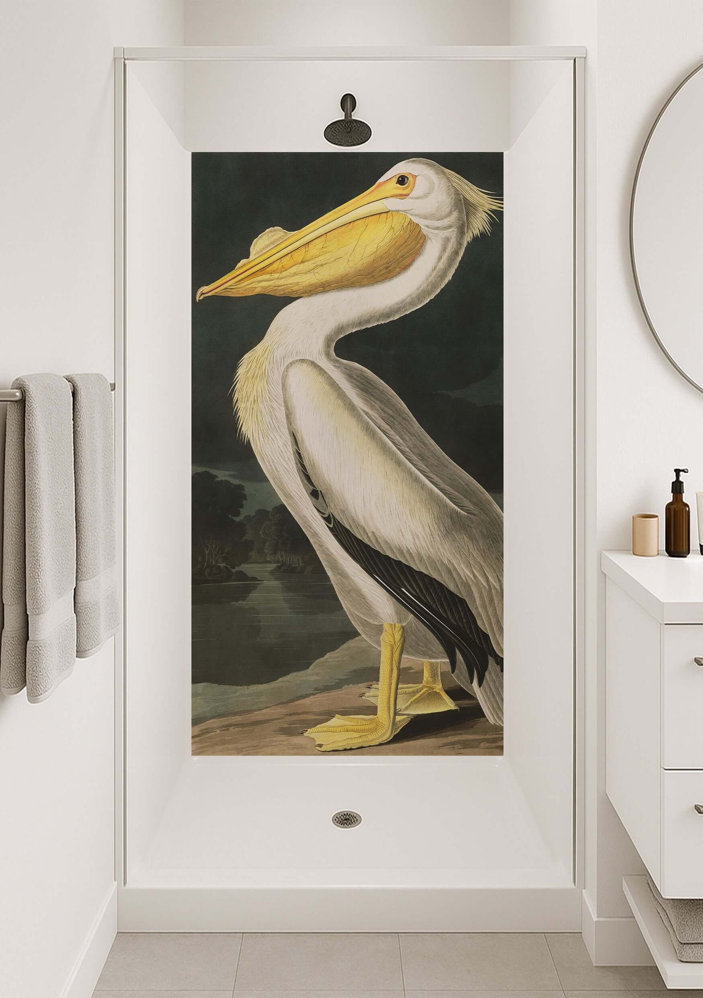 Audubon Pelican Shower Panel featuring a majestic American White Pelican mural in a modern bathroom setting.