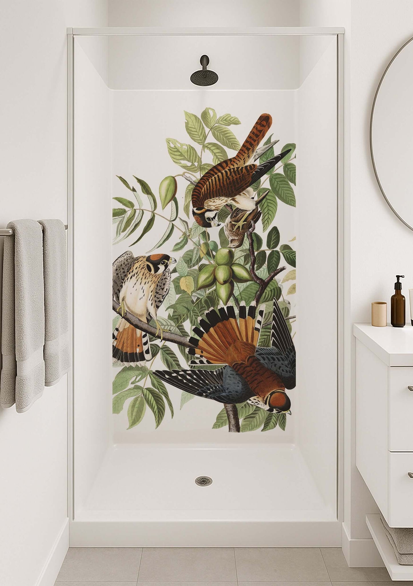 Audubon Kestrel Shower Panel featuring vibrant American kestrels amidst lush green foliage.