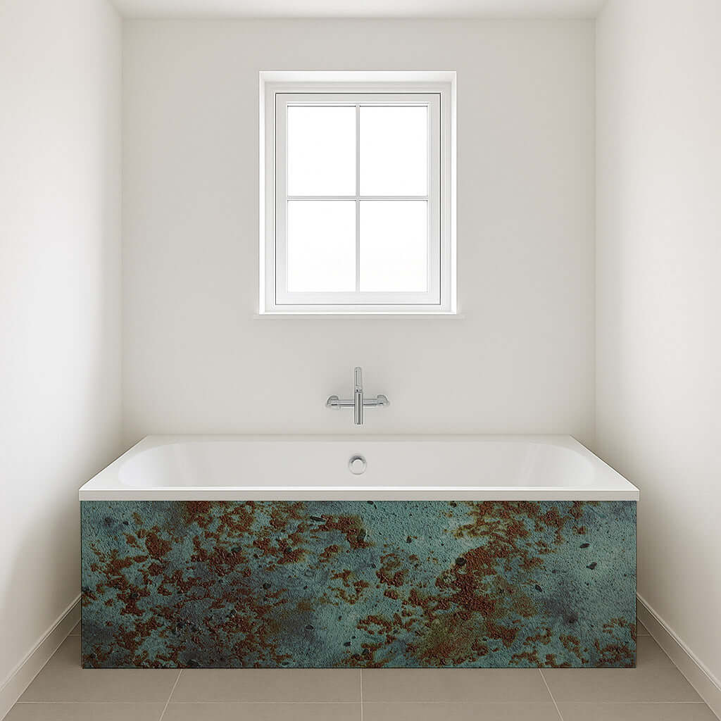 Modern bathroom featuring a bespoke design bath panel with a blue patina pattern.