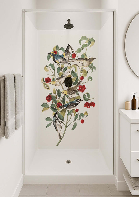 Audubon Warbler Branch Shower Panel featuring songbirds and foliage design on a shower wall.