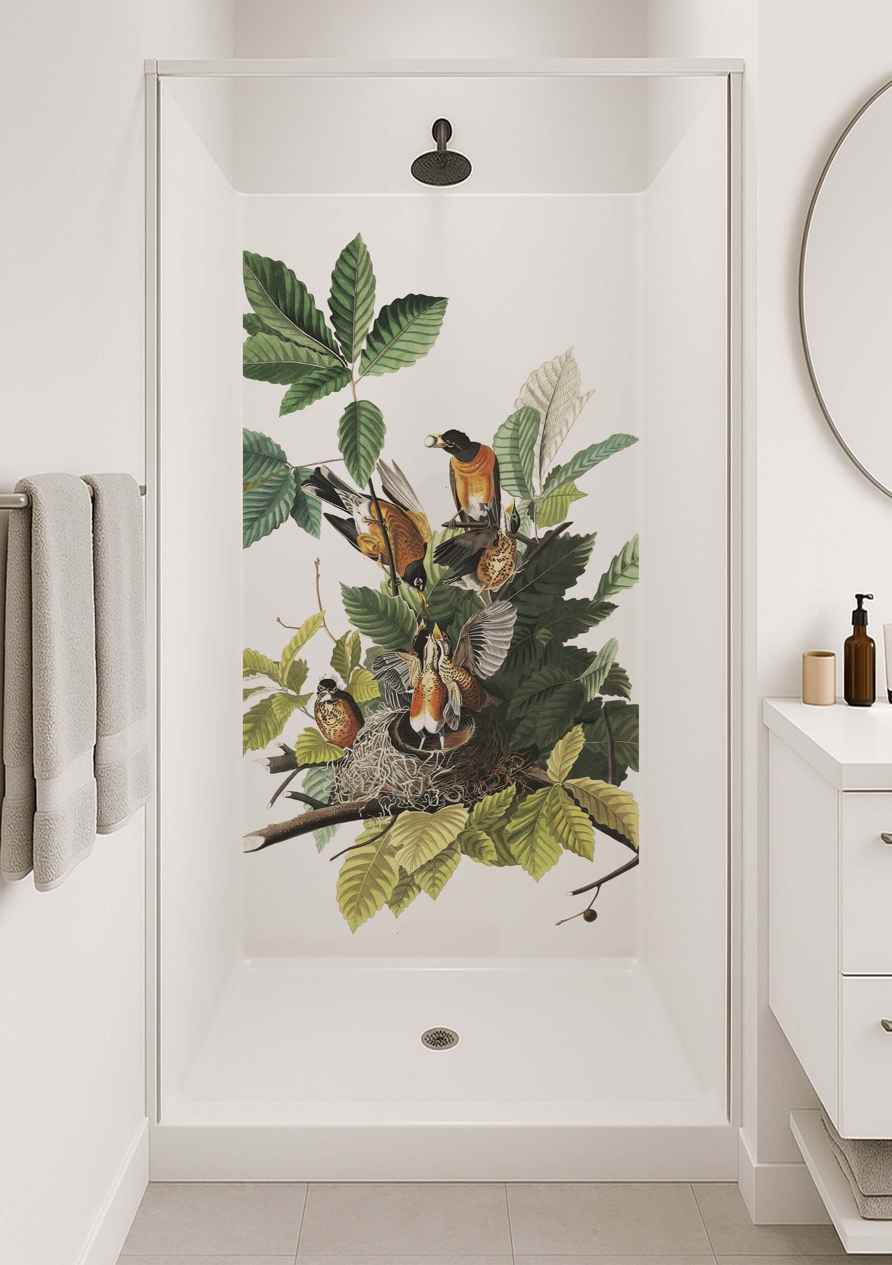 Audubon American Robin Shower Panel featuring robins in lush foliage, ideal for a modern bathroom decor.