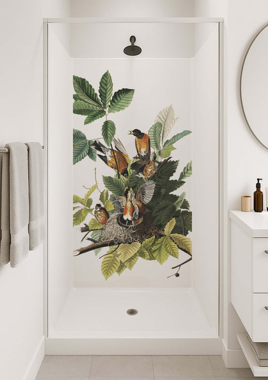 Audubon American Robin Shower Panel featuring robins in lush foliage, ideal for a modern bathroom decor.