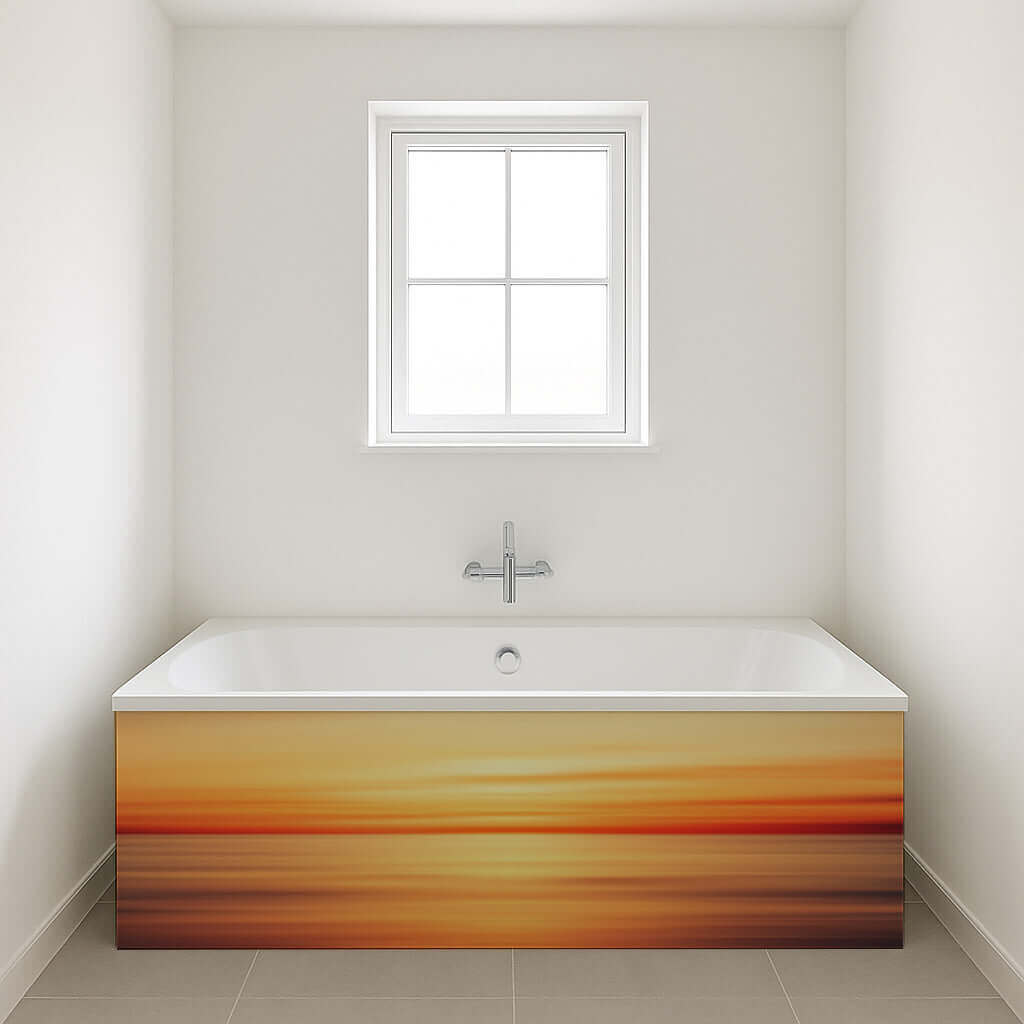 Calm sunset panel design above a bathtub, featuring shades of yellow and orange, creating a tranquil atmosphere.