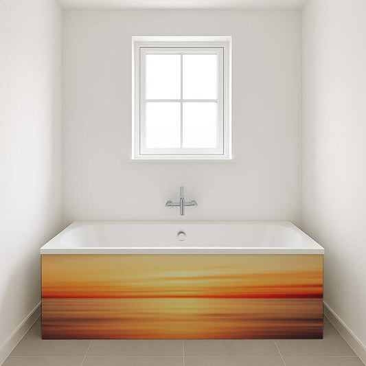 Calm sunset panel design above a bathtub, featuring shades of yellow and orange, creating a tranquil atmosphere.