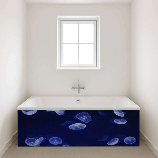 Blue jellyfish bath panel in a modern bathroom, showcasing the beauty of ocean life.