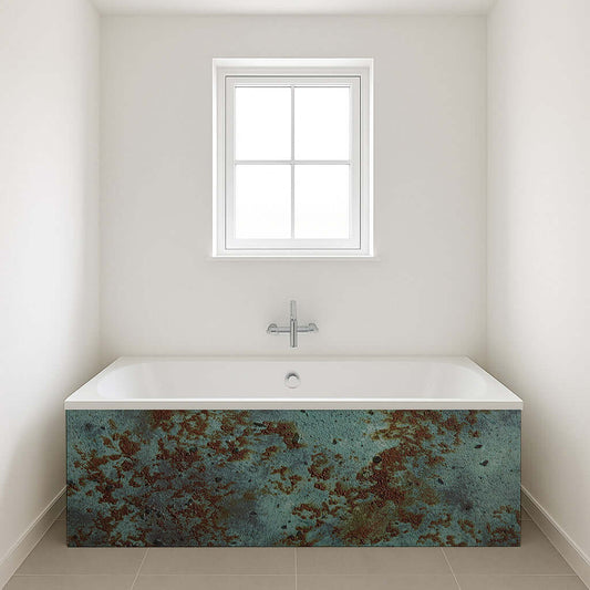 Patina effect bath panel in modern bathroom, stylish composite design enhancing the space.