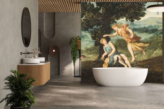 Luxury bathroom featuring bespoke shower panel with vivid mythological scene from the Tate Collection by Opelli.
