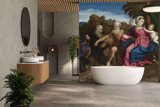 Luxury shower panel featuring The Virgin and Child artwork in a modern bathroom setting by Tate Collection.