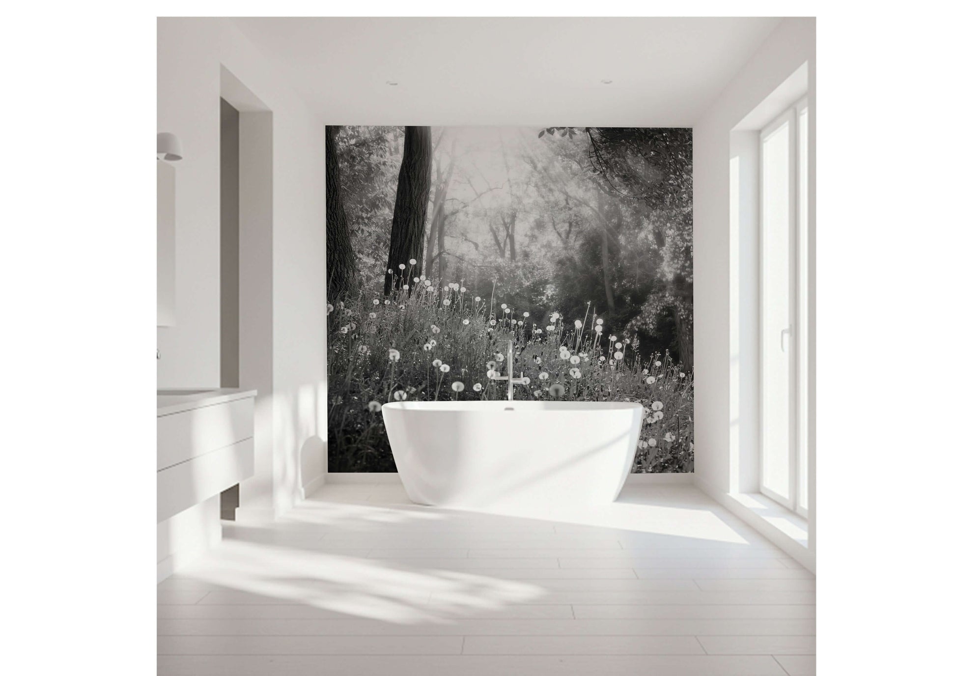 Black and white summer meadow wall art creating a serene bathroom atmosphere with a modern tub.