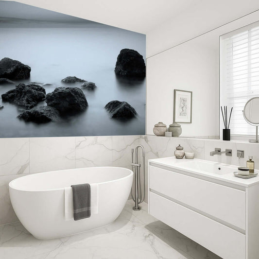 Bathroom panel featuring lone rocks in mist with a serene river view, enhancing your shower experience.