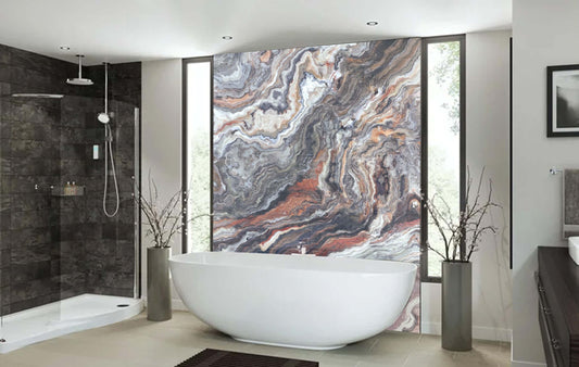 Stylish bathroom featuring red onyx stone wall art, elegant bathtub, and modern design elements for a spa-like oasis.