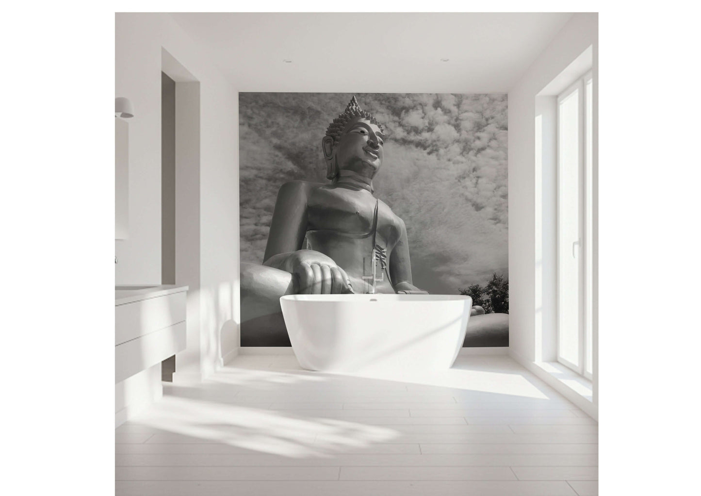 Calming black and white Buddha statue wall art for a serene bathroom shower panel decor.