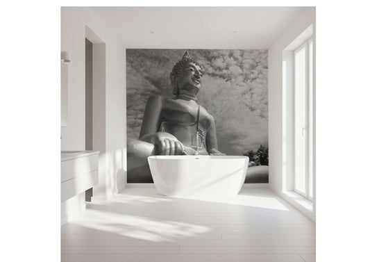 Calming black and white Buddha statue wall art for a serene bathroom shower panel decor.