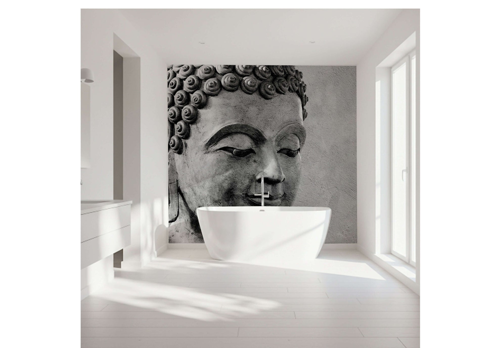 Majestic Smiling Buddha Shower Panel in modern bathroom setting, enhancing style with vibrant design.