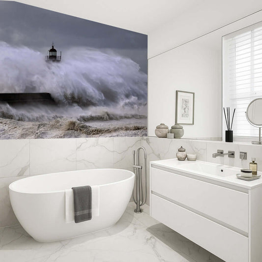 Stormy lighthouse art panel for bathrooms, showcasing powerful waves crashing around a lighthouse.