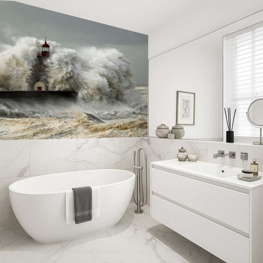 Bathroom panel featuring a storm hitting a lighthouse, showcasing powerful waves in yellow hues for a vibrant decor.
