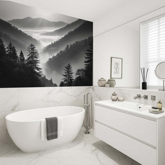 Bathroom featuring misty tree tops and mountains as shower panel art, enhancing the decor with elegance and style.