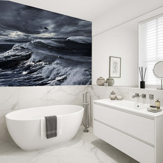 Bathroom panel featuring dramatic stormy ocean waves crashing under a dark sky, perfect for stylish shower decor.