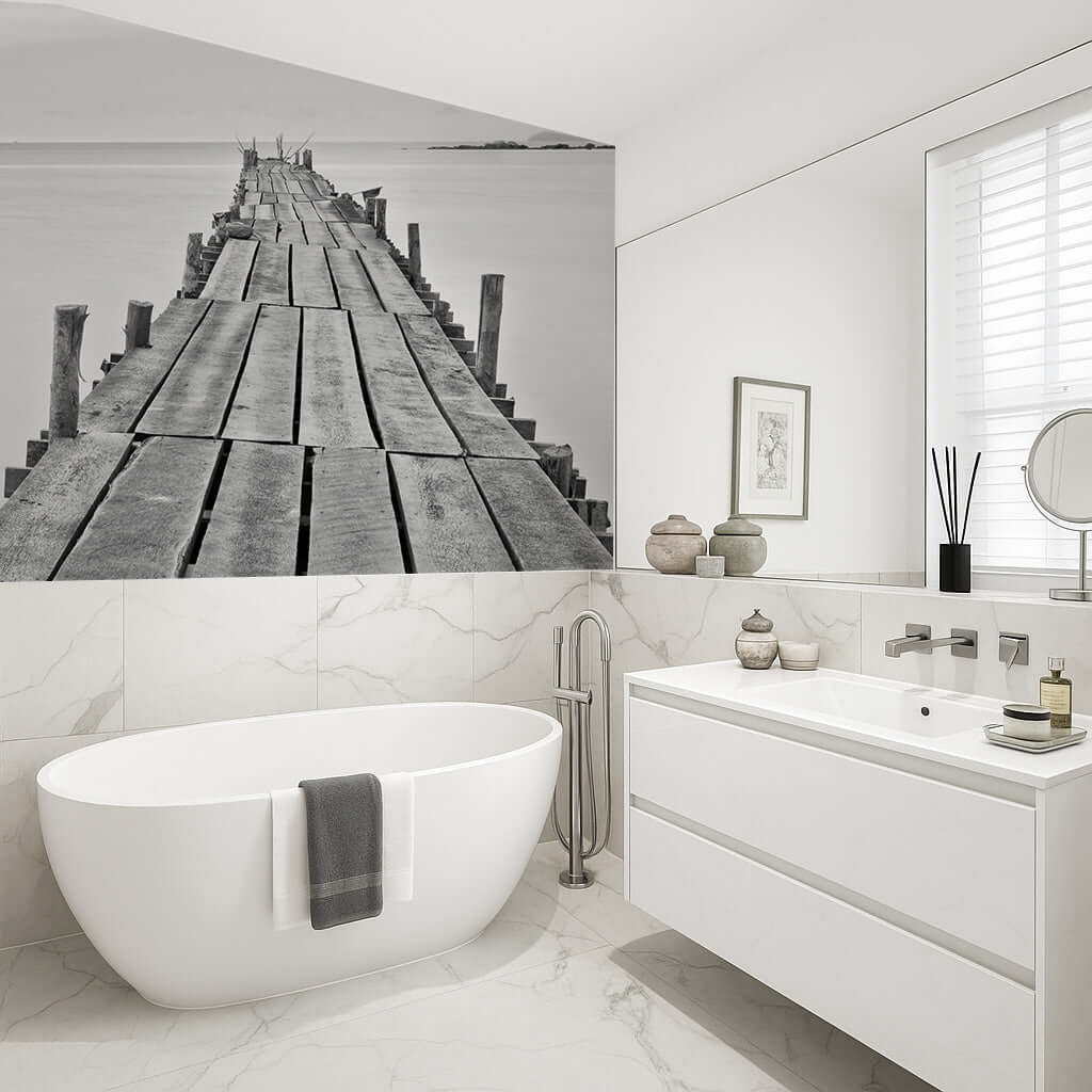 Bathroom art featuring a weathered jetty looking out to sea, enhancing a calm and relaxing atmosphere.