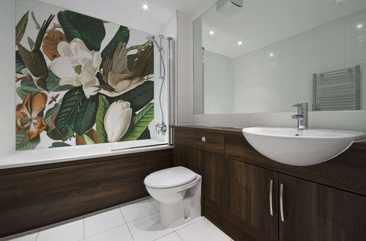 Audubon Magnolia Warbler Gallery Panel enhancing a modern bathroom with floral design and elegant fixtures.