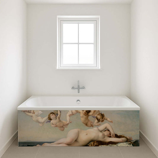 Birth of Venus bath panel featuring classical art in a luxurious bathroom setting with a serene atmosphere.