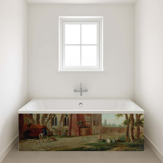 Figures outside a church depicted on a bath panel, showcasing historical architecture and pastoral scenery.