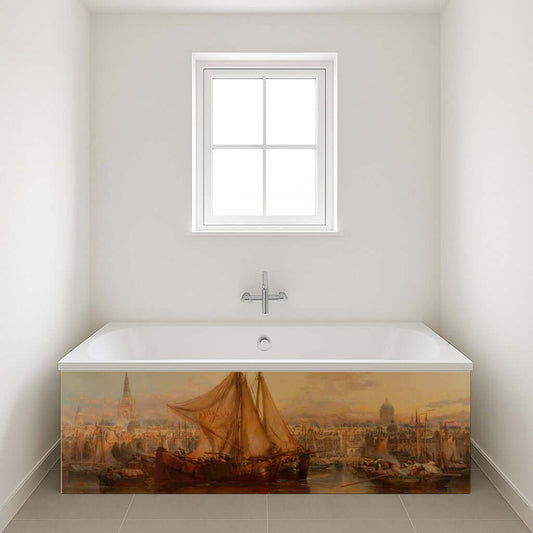 Amsterdam Harbour Bath Panel showcasing 19th-century maritime scene in elegant bathroom setting.
