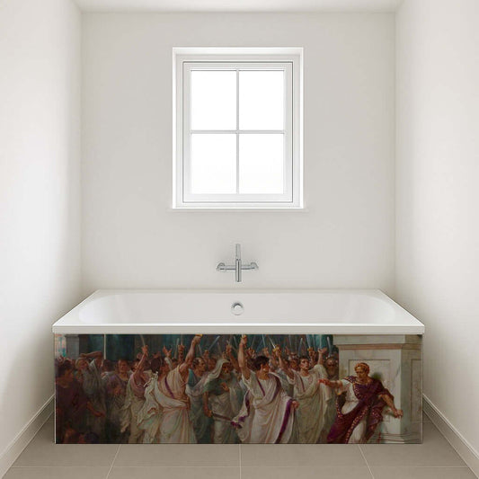 The Fall of Caesar Bath Panel featuring Julius Caesar's assassination scene in classical design.