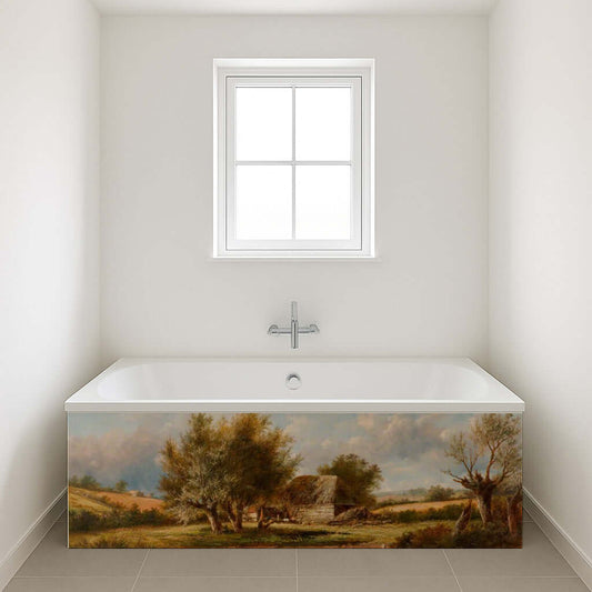 Punt Fishing Bath Panel showcasing a serene pastoral landscape with rustic cottages and aged trees.