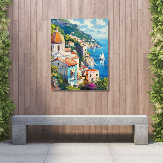 Vibrant Amalfi Coast scenic panel artwork in outdoor space, enhancing garden ambiance and evoking summer memories.