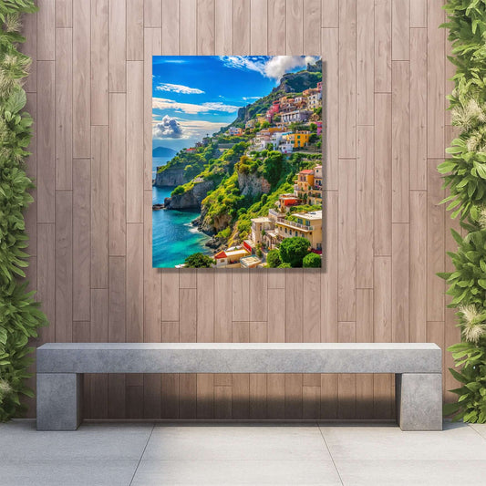 Stunning wall art of Positano's coastline, perfect for adding Mediterranean charm to your outdoor space.