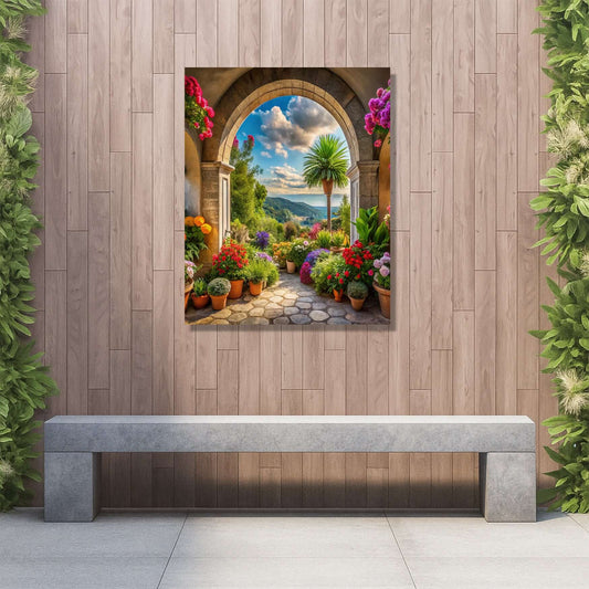 Italian terrazzo artwork enhancing a cozy garden space with vibrant flowers and a scenic view.
