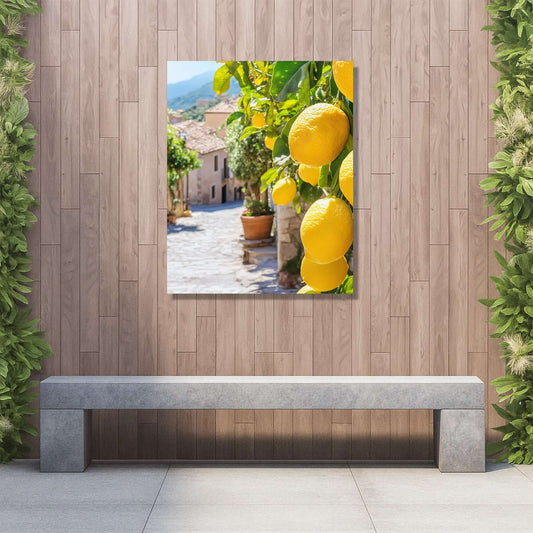 Bright Mediterranean scene with hanging lemons, adding warmth and joy to outdoor spaces.
