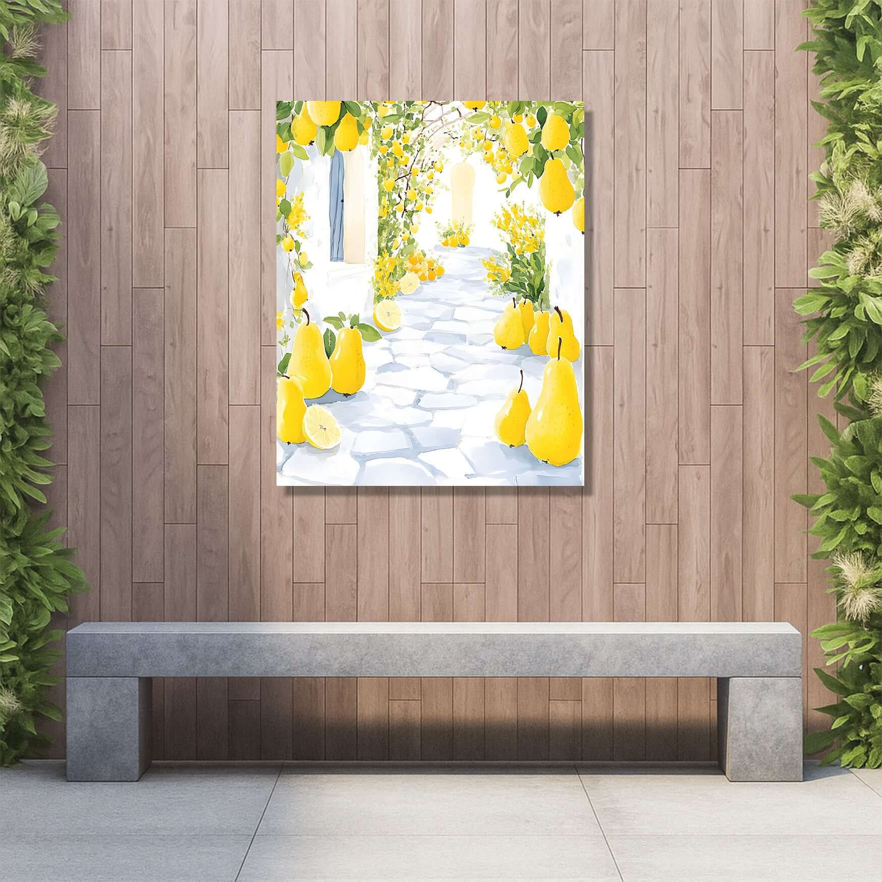 Mediterranean-inspired art of a lemon pathway, brightening outdoor space with vibrant colors and charm.