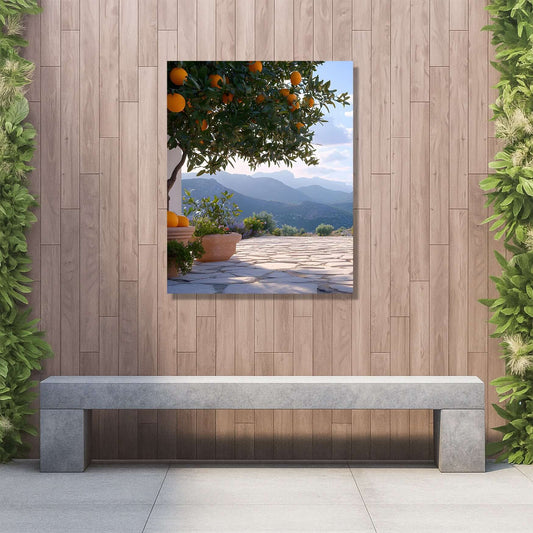 Serene Mediterranean orange grove view, perfect for adding charm to outdoor spaces and creating a peaceful atmosphere.