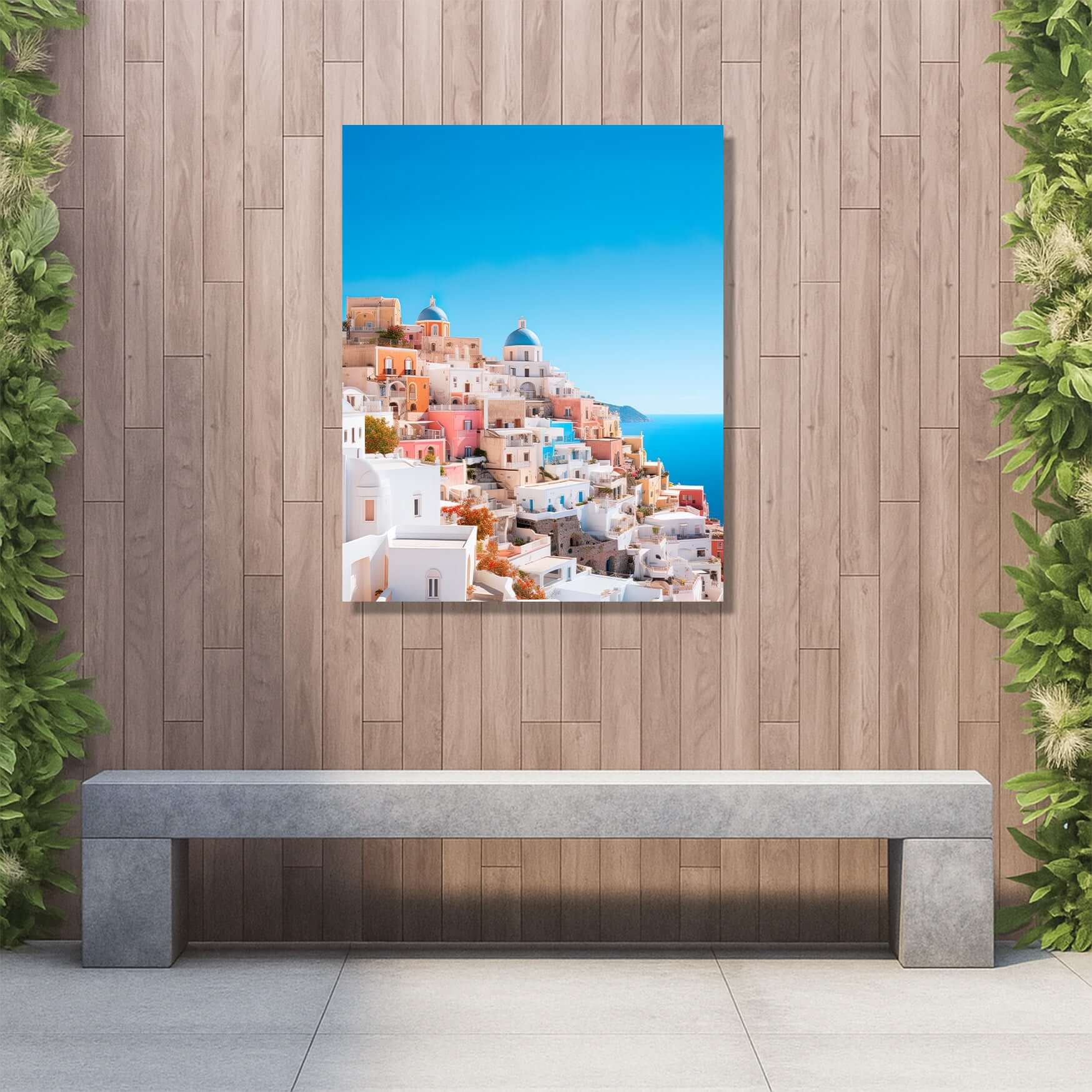 Vibrant Santorini coastal view artwork on premium aluminium panel, perfect for stylish garden decor.