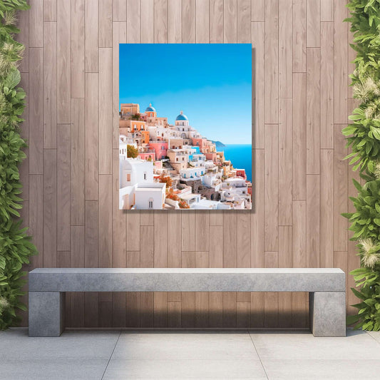 Vibrant Santorini coastal view artwork on premium aluminium panel, perfect for stylish garden decor.