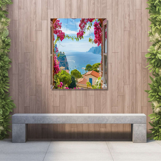 A vibrant artwork of the Amalfi Coast view, adding a dreamy escape to your garden with colorful flowers and serene water.