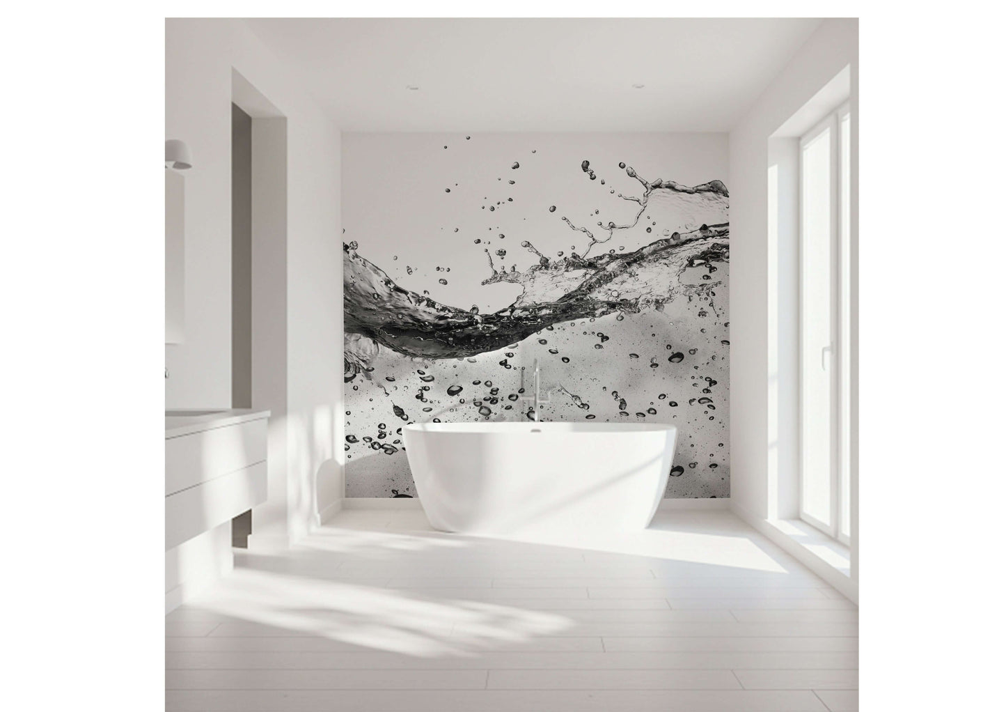 Elegant black and white splash art panel for a tranquil bathroom atmosphere.
