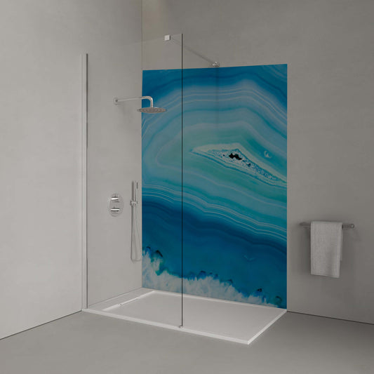 Blue Amethyst Crystal Shower Panel featuring cool blue-violet tones and intricate crystalline patterns.