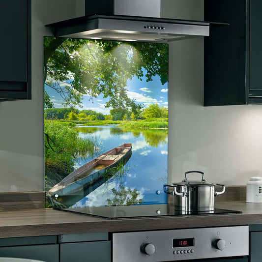 Tranquil riverboat splashback over calm lake, enhancing kitchen with serene nature imagery and a restorative atmosphere.