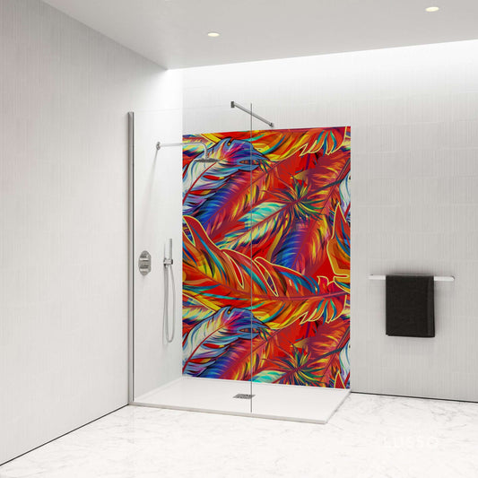 Vibrant shower panel featuring bold red, yellow, and blue feathers, adding a lively flair to modern bathroom design.